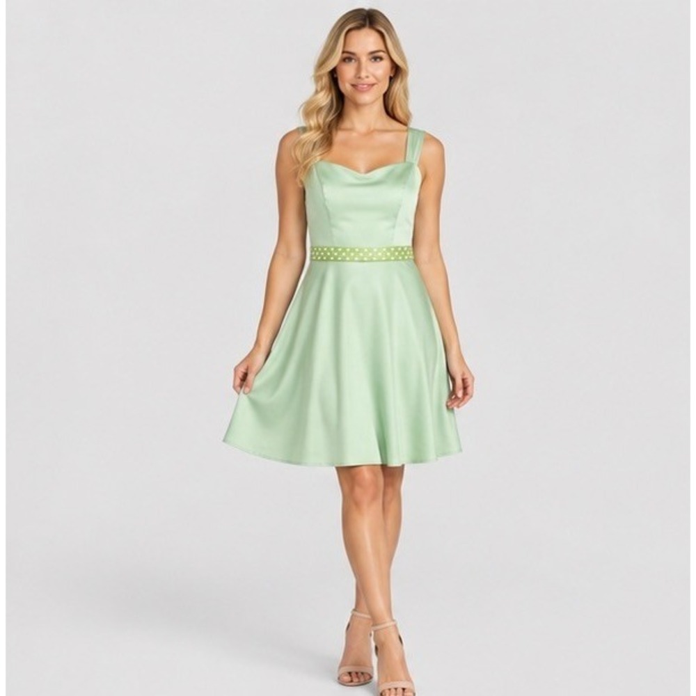 David's Bridal Womens 12 Green Satin Fit Flare Polka Dot Belt Coquette Dress